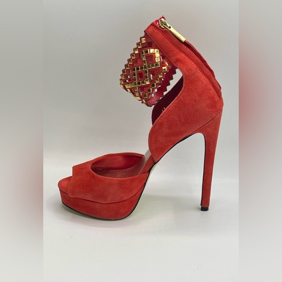 BEBE Coral Gold Embellished Ankle Strap Peeptoe 5”/1” Platform Heels Size 7 - Picture 4 of 9